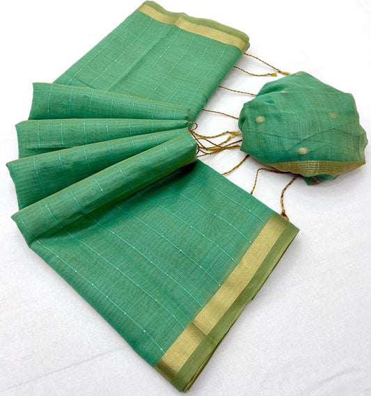 Ravishing Green Linen Silk Paithani Saree With Imbrication Blouse Piece