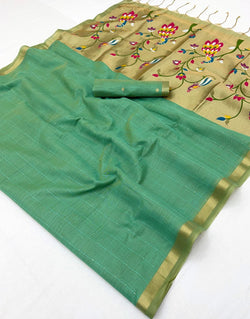 Ravishing Green Linen Silk Paithani Saree With Imbrication Blouse Piece