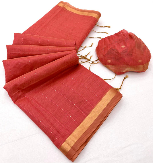 Ornate Peach Linen Silk Paithani Saree With Luminous Blouse Piece