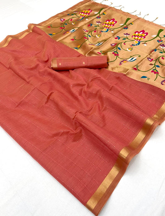 Ornate Peach Linen Silk Paithani Saree With Luminous Blouse Piece