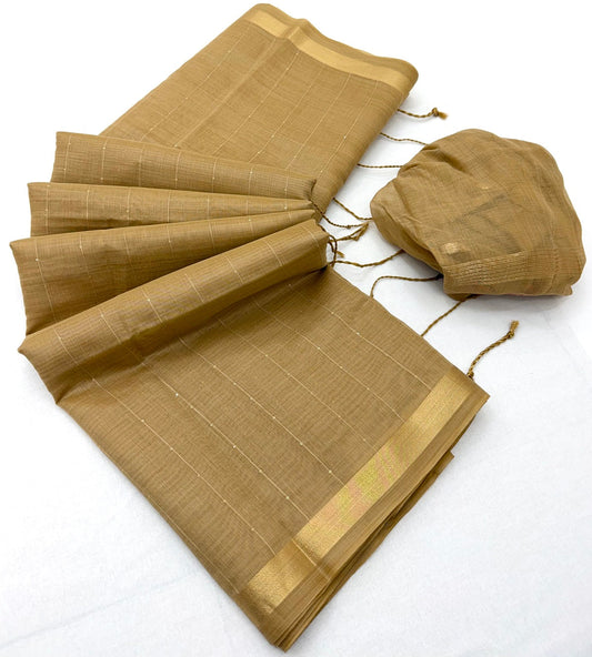 Prominent Dark Beige Linen Silk Paithani Saree With Blissful Blouse Piece
