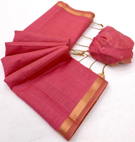 Skinny Pink Linen Silk Paithani Saree With Amiable Blouse Piece