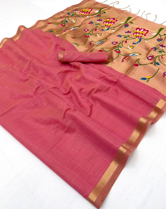 Skinny Pink Linen Silk Paithani Saree With Amiable Blouse Piece