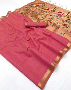 Skinny Pink Linen Silk Paithani Saree With Amiable Blouse Piece