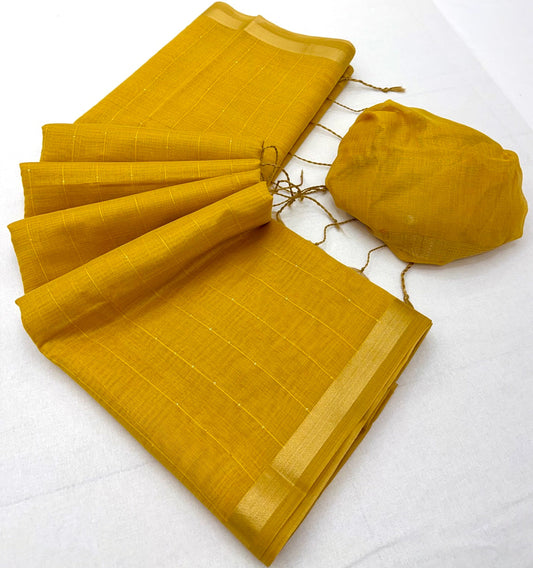 Splendiferous Yellow Linen Silk Paithani Saree With Whimsical Blouse Piece