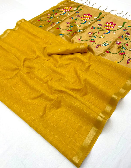 Splendiferous Yellow Linen Silk Paithani Saree With Whimsical Blouse Piece