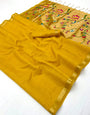 Splendiferous Yellow Linen Silk Paithani Saree With Whimsical Blouse Piece