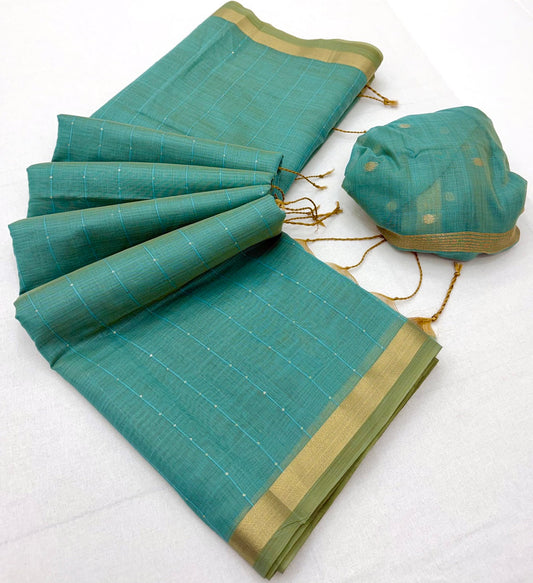 Incomparable Sea Green Linen Silk Paithani Saree With Ebullience Blouse Piece