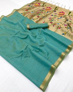 Incomparable Sea Green Linen Silk Paithani Saree With Ebullience Blouse Piece