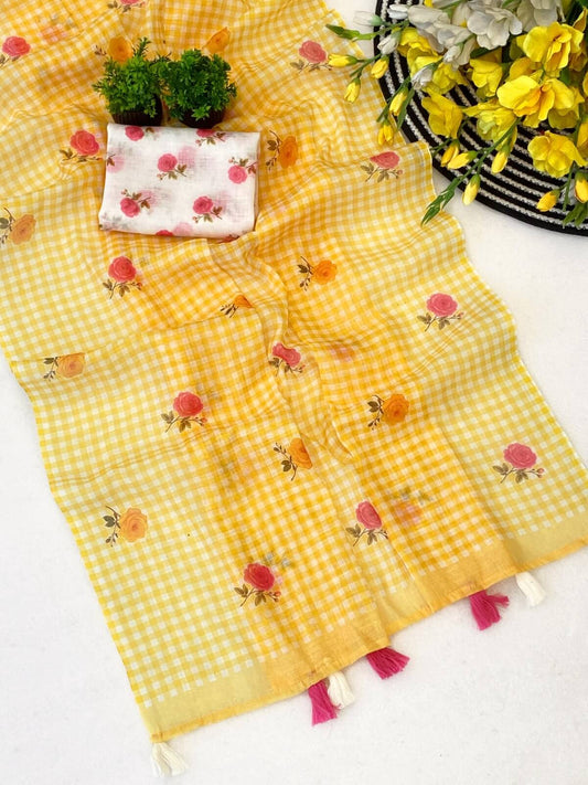 Twirling Yellow Printed Linen Silk Saree With Sensational Blouse Piece