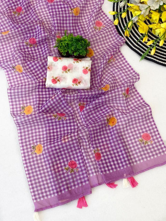 Seraglio Purple Printed Linen Silk Saree With Incomparable Blouse Piece