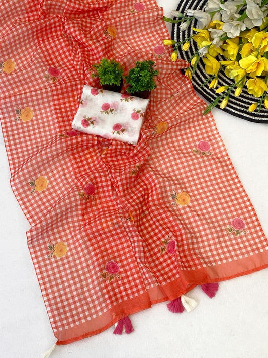 Mesmerising Red Printed Linen Silk Saree With Trendy Blouse Piece