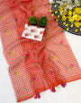 Mesmerising Red Printed Linen Silk Saree With Trendy Blouse Piece