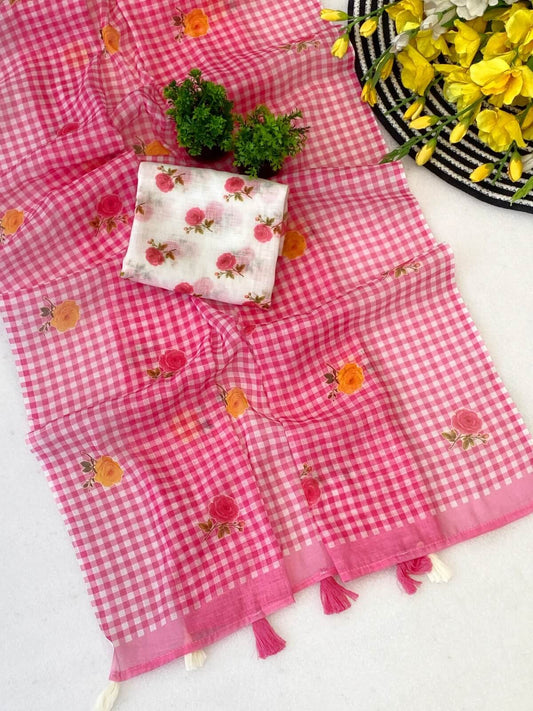 Ravishing Pink Printed Linen Silk Saree With Devastating Blouse Piece