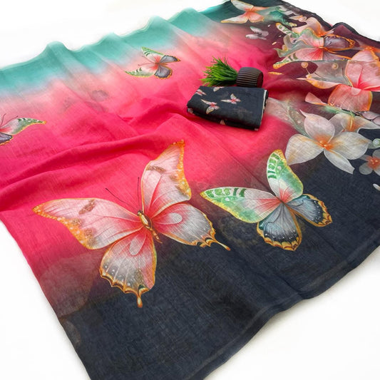 Deserving Multicolor Printed Linen Silk Saree With Felicitous Blouse Piece