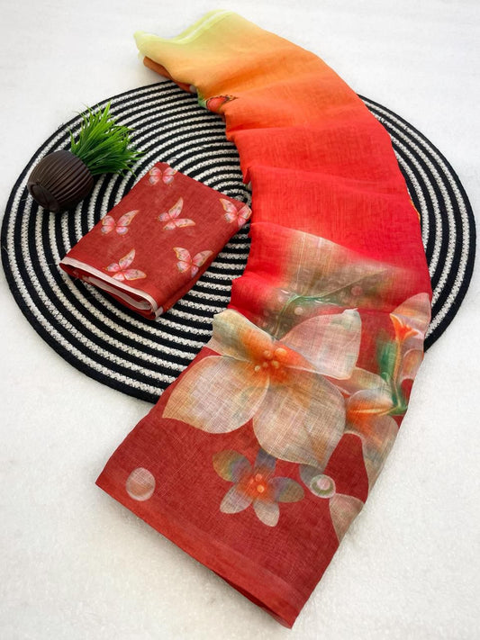 Engaging Multicolor Printed Linen Silk Saree With Ratatouille Blouse Piece