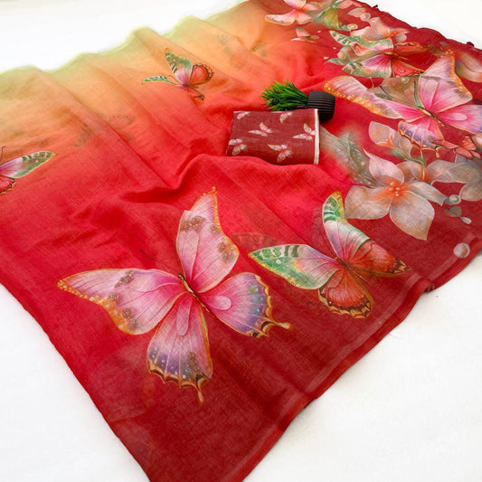 Engaging Multicolor Printed Linen Silk Saree With Ratatouille Blouse Piece