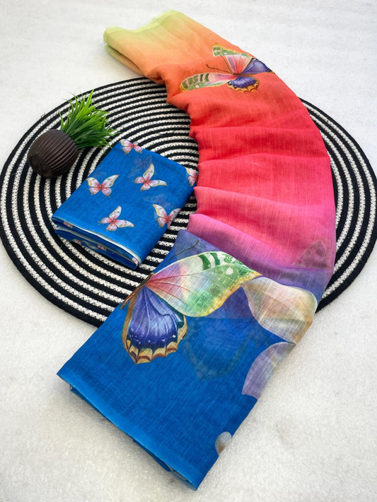 Adorable Multicolor Printed Linen Silk Saree With Resplendent Blouse Piece