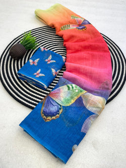 Adorable Multicolor Printed Linen Silk Saree With Resplendent Blouse Piece