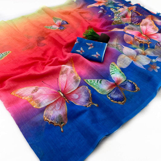Adorable Multicolor Printed Linen Silk Saree With Resplendent Blouse Piece