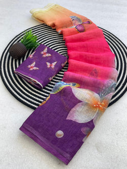 Flameboyant Multicolor Printed Linen Silk Saree With Refreshing Blouse Piece