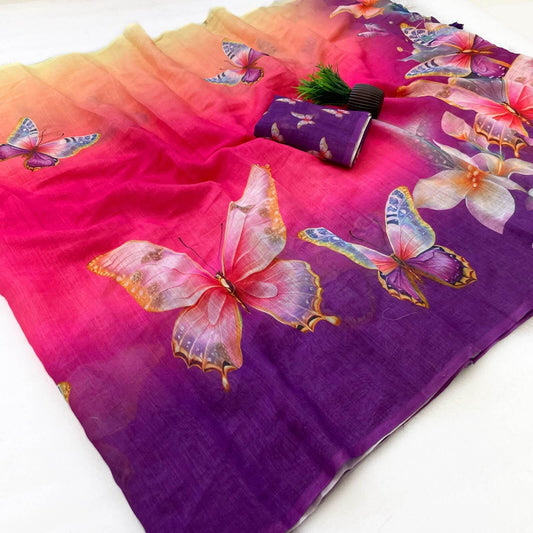 Flameboyant Multicolor Printed Linen Silk Saree With Refreshing Blouse Piece