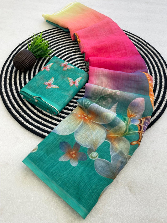 Charming Multicolor Printed Linen Silk Saree With Dulcet Blouse Piece