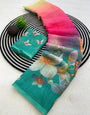 Charming Multicolor Printed Linen Silk Saree With Dulcet Blouse Piece