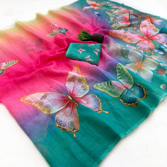 Charming Multicolor Printed Linen Silk Saree With Dulcet Blouse Piece