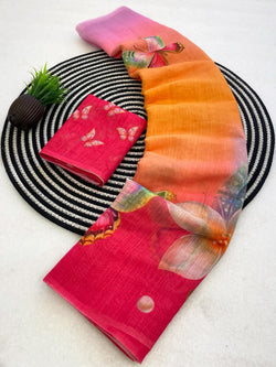 Fancifull Multicolor Printed Linen Silk Saree With Tantalizing Blouse Piece
