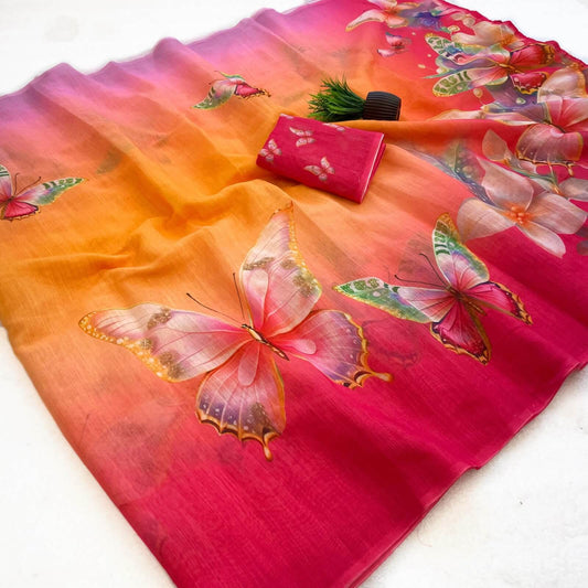 Fancifull Multicolor Printed Linen Silk Saree With Tantalizing Blouse Piece