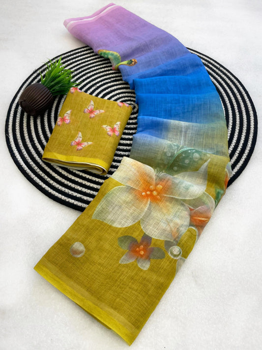 Smashing Multicolor Printed Linen Silk Saree With Ideal Blouse Piece