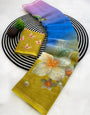 Smashing Multicolor Printed Linen Silk Saree With Ideal Blouse Piece
