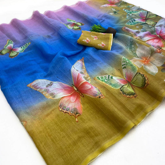 Smashing Multicolor Printed Linen Silk Saree With Ideal Blouse Piece