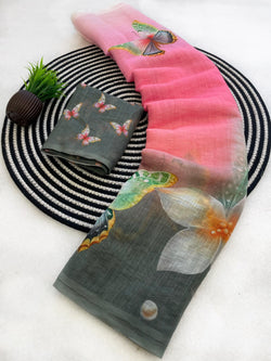 Ebullience Multicolor Printed Linen Silk Saree With Scintilla Blouse Piece