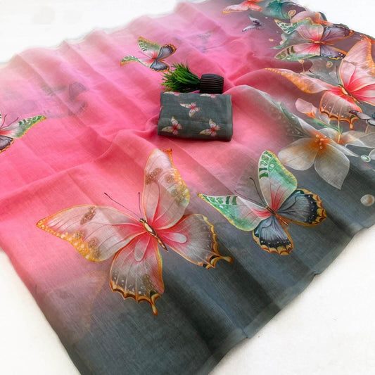 Ebullience Multicolor Printed Linen Silk Saree With Scintilla Blouse Piece
