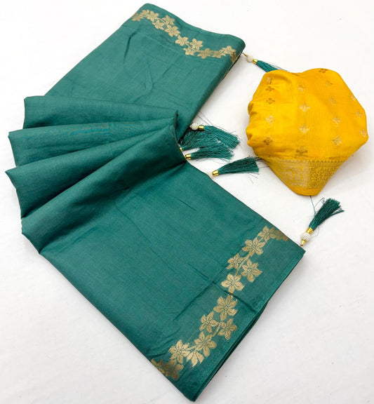 Panoply Rama Viscose Cotton Silk Saree With Enthralling Blouse Piece