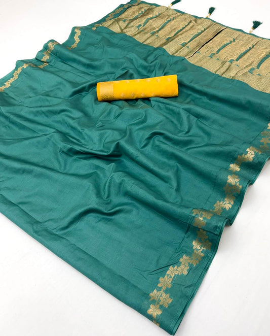 Panoply Rama Viscose Cotton Silk Saree With Enthralling Blouse Piece