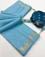 Enigmatic Sky Viscose Cotton Silk Saree With Engrossing Blouse Piece