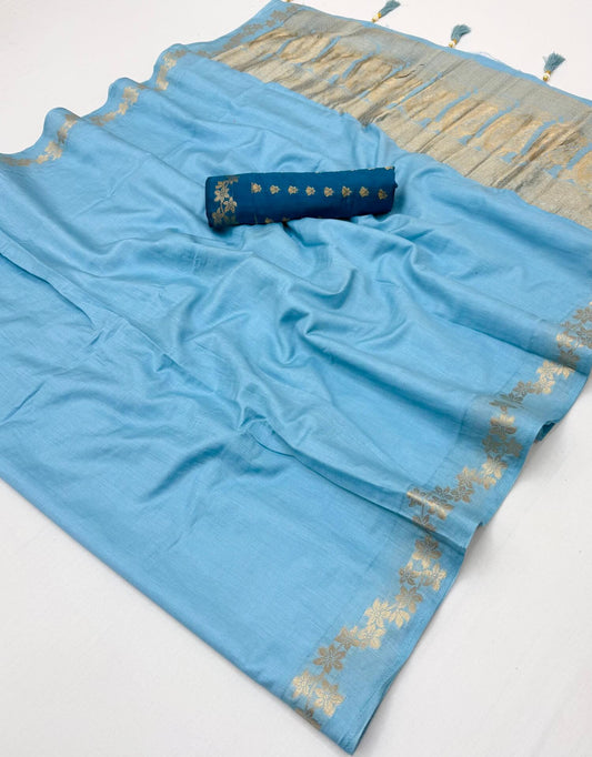 Enigmatic Sky Viscose Cotton Silk Saree With Engrossing Blouse Piece