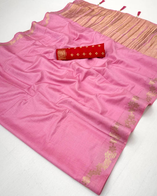 Symmetrical Pink Viscose Cotton Silk Saree With Posh Blouse Piece