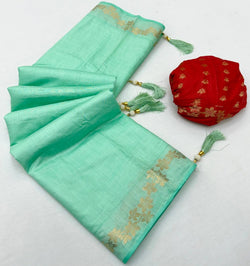 Exceptional Sea Green Viscose Cotton Silk Saree With Phenomenal Blouse Piece