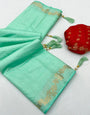 Exceptional Sea Green Viscose Cotton Silk Saree With Phenomenal Blouse Piece