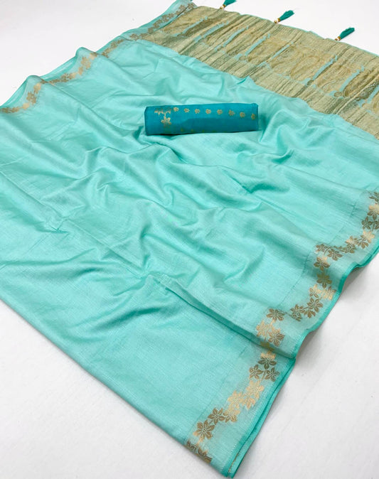 Magnificat Turquoise Viscose Cotton Silk Saree With Ethnic Blouse Piece