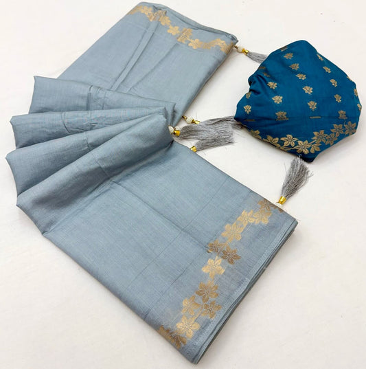 Arresting Grey Viscose Cotton Silk Saree With Scrumptious Blouse Piece