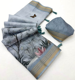 Desirable Grey Printed Cotton Silk Saree With Blissful Blouse Piece