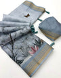 Desirable Grey Printed Cotton Silk Saree With Blissful Blouse Piece