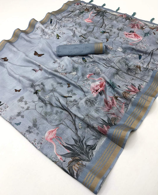 Desirable Grey Printed Cotton Silk Saree With Blissful Blouse Piece