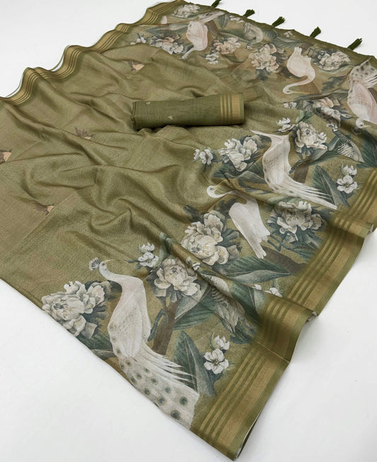 Dazzling Green Printed Cotton Silk Saree With Alluring Blouse Piece