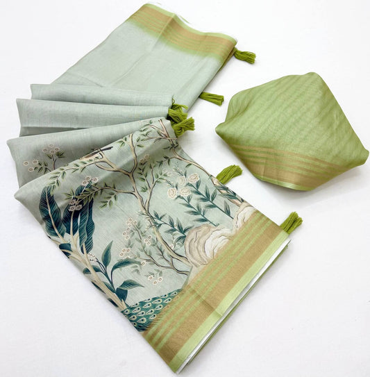 Staring Pista Printed Cotton Silk Saree With Mesmeric Blouse Piece